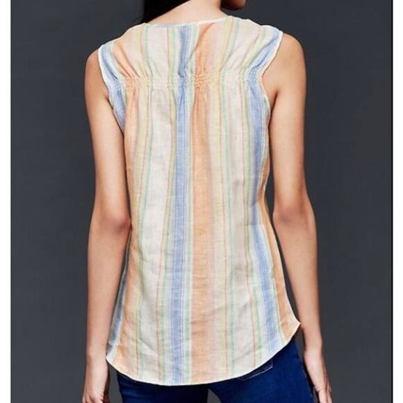 Gap 100% Linen Chevron Smocked Tank Top Blouse Rainbow Striped Vacation Beach - Picture 2 of 16